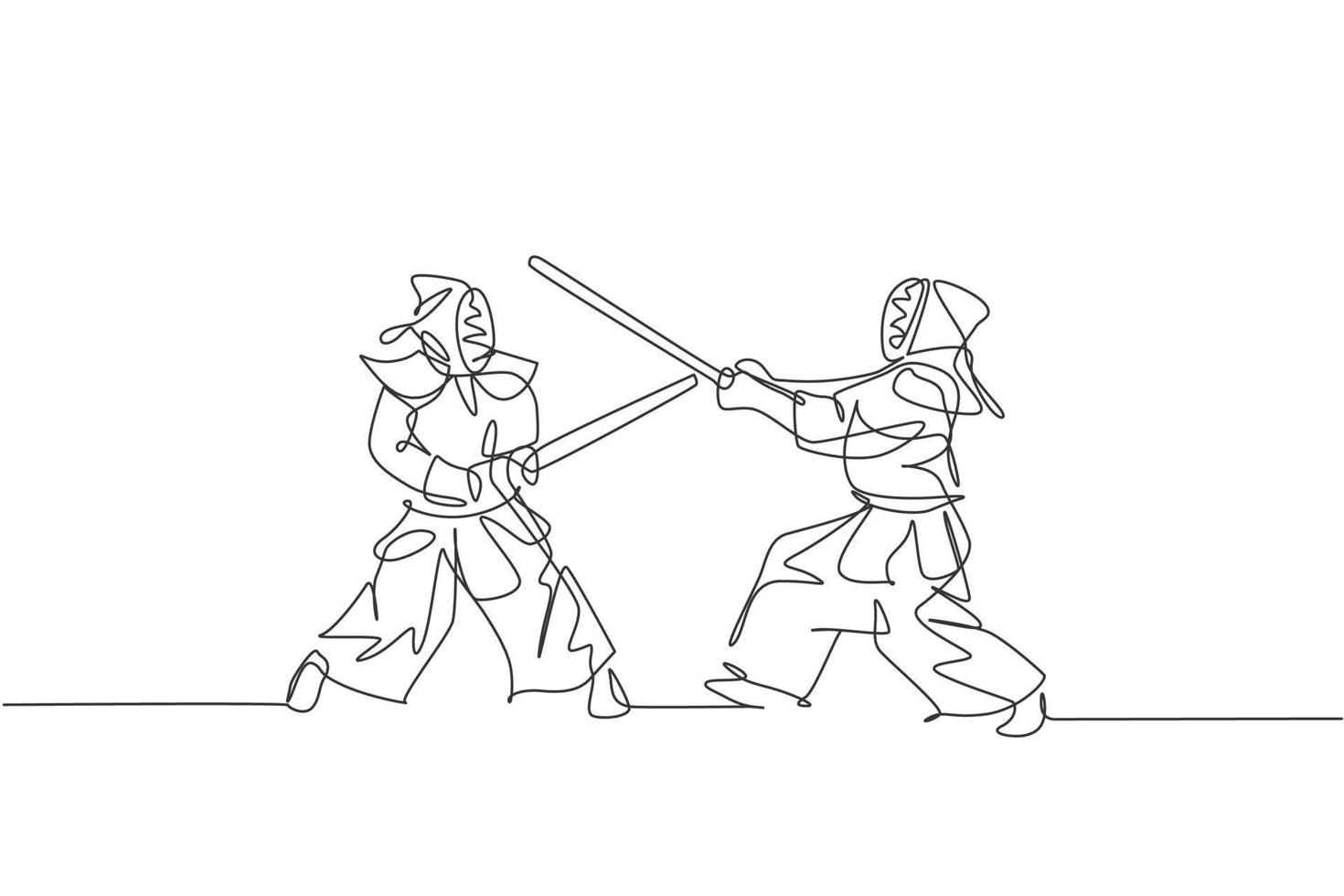 Single continuous line drawing of two young sportive men practicing kendo martial art skill on gym center. Sparring combat. Fighting sport concept. Trendy one line draw design vector illustration