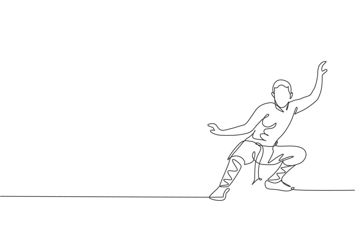 One continuous line drawing of young shaolin monk man practice kung fu style at temple ground . Traditional Chinese combative sport concept. Dynamic single line draw design vector illustration graphic