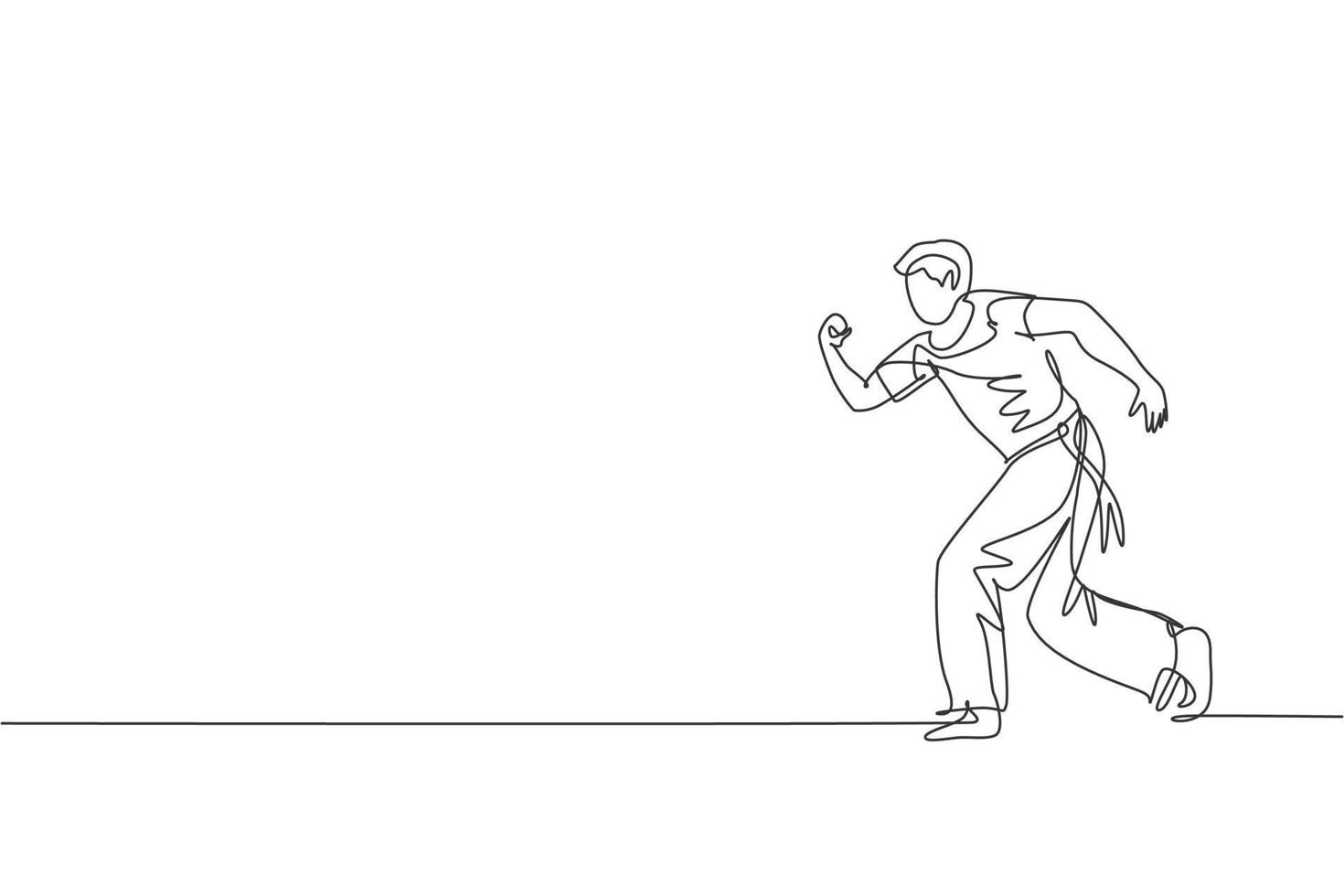 One continuous line drawing young sporty Brazilian fighter man training capoeira on the beach. Healthy traditional fighting sport concept. Dynamic single line draw graphic design vector illustration