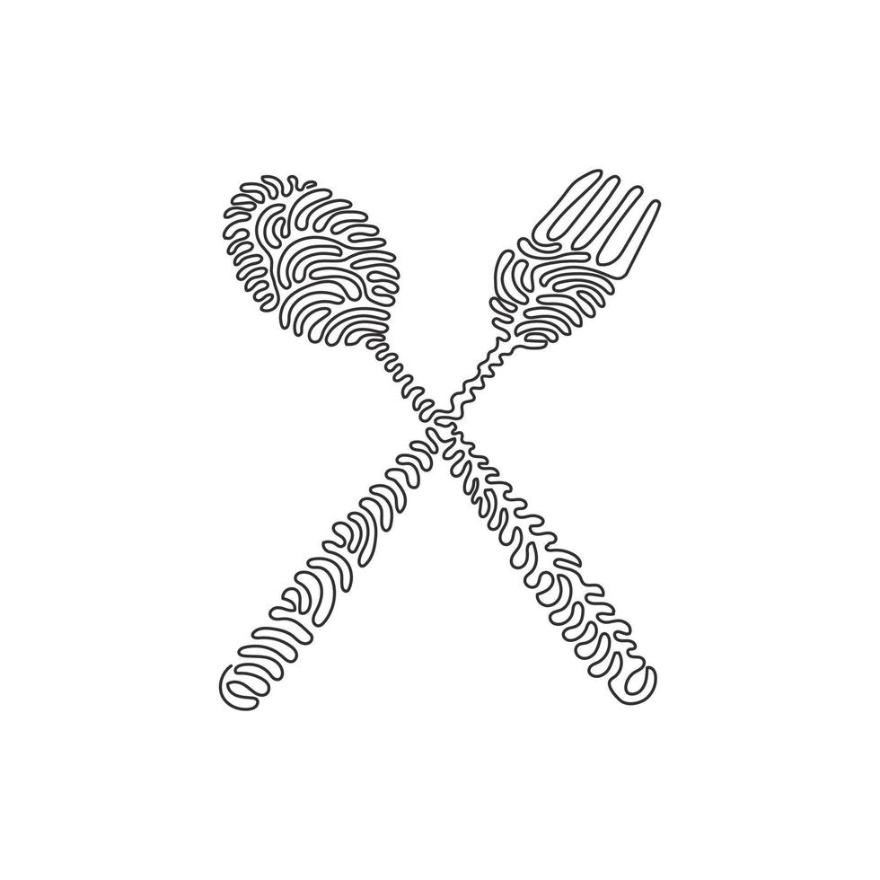 icono de cuchara y tenedor cruzado de dibujo de una sola línea continua. símbolo del restaurante. cubiertos diseño plano simple. estilo de rizo de remolino sobre fondo blanco. ilustración de vector de diseño gráfico de dibujo de una línea