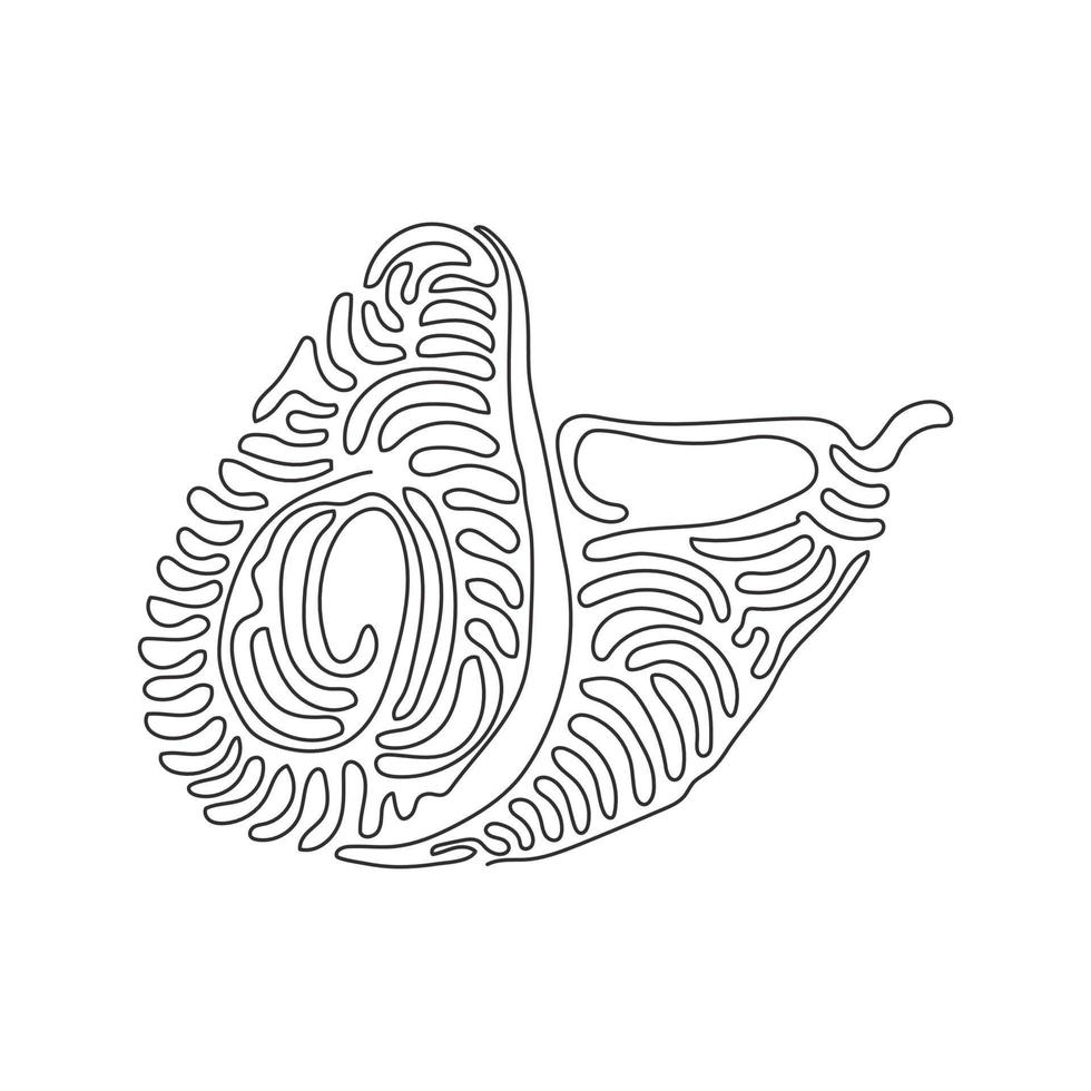 Continuous one line drawing whole avocado and half with seed. Healthy vegan vegetarian food. Tasty appetizer for dinner at home. Swirl curl style. Single line draw design vector graphic illustration
