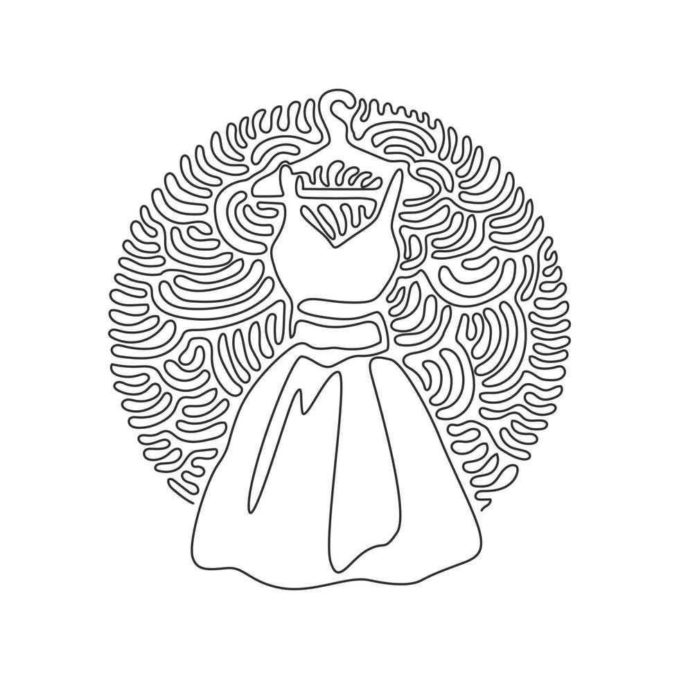 Continuous one line drawing elegant dress on shoulders icon. Dress hanger. Clothing store. Fashion boutique. Swirl curl circle background style. Single line draw design vector graphic illustration