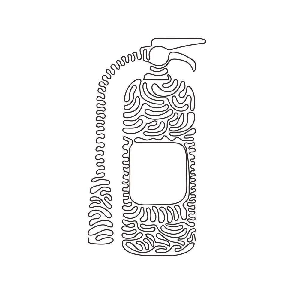 Continuous one line drawing red fire extinguisher protection with nozzle. Portable fire equipment from big fire department set. Swirl curl style. Single line draw design vector graphic illustration