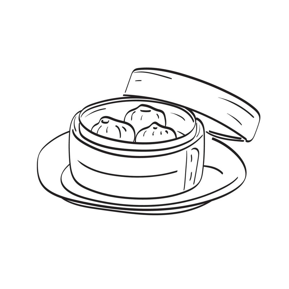 Chinese dumpling in a bamboo steamer box illustration vector hand drawn isolated on white background line art.