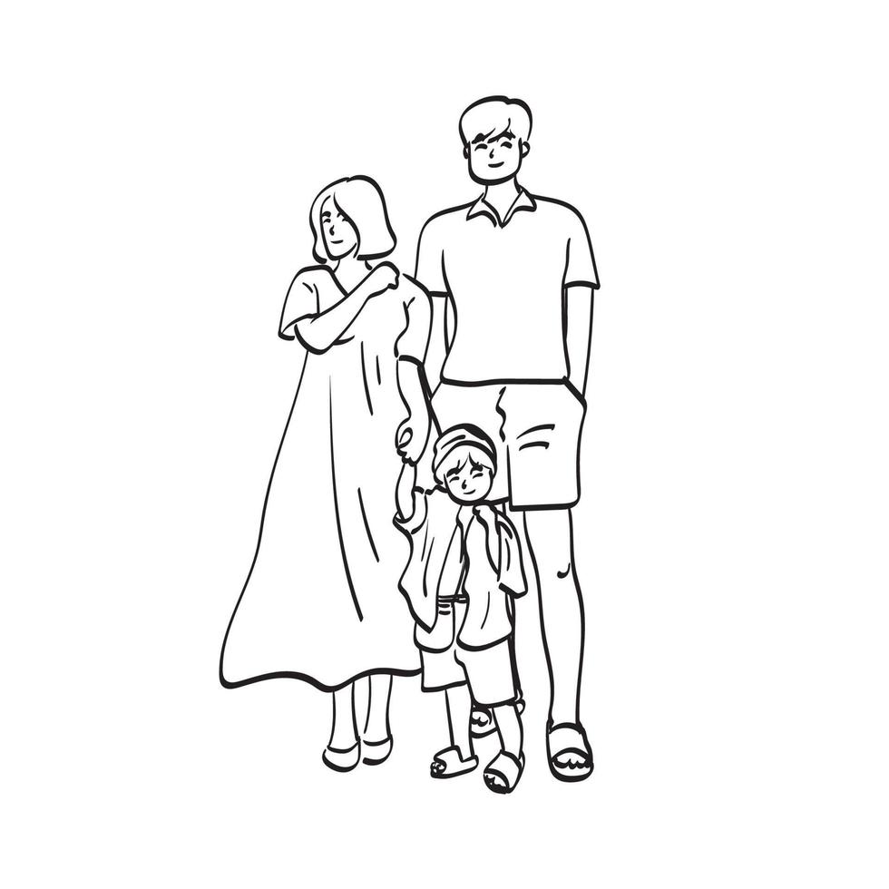 line art full length portrait of happy family illustration vector hand drawn isolated on white background