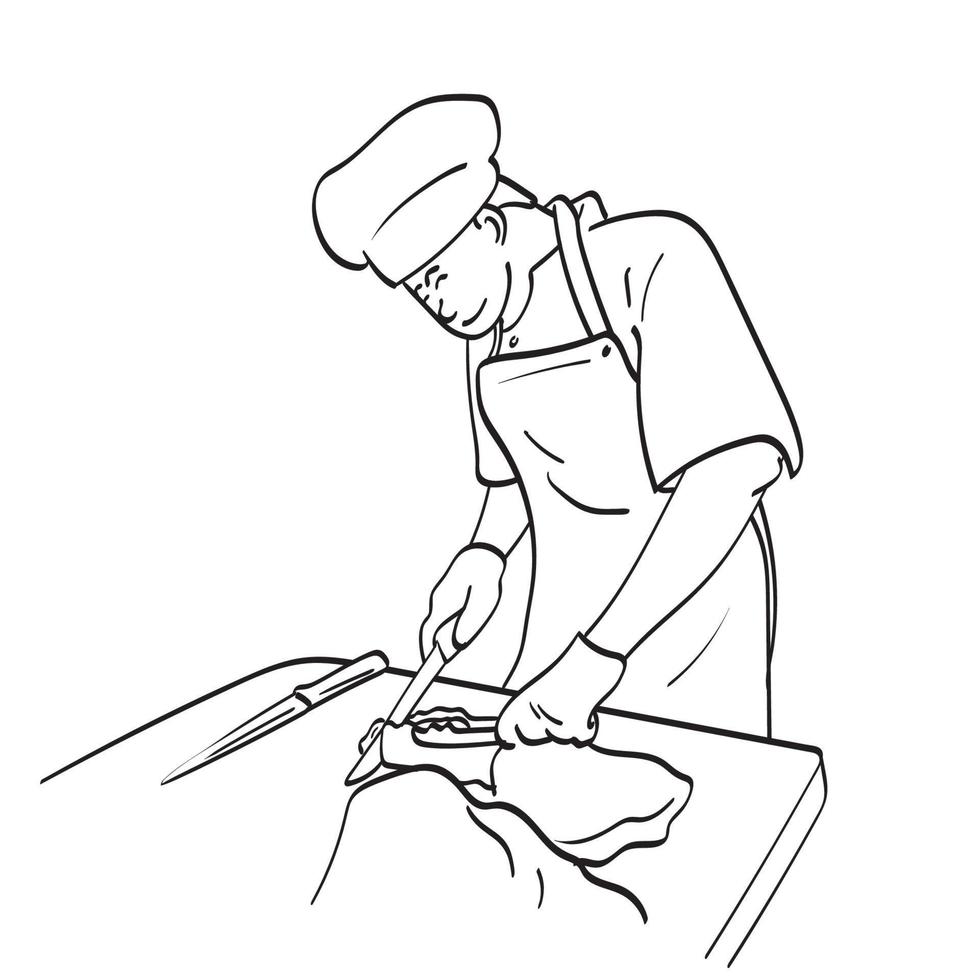 chef masculino sonriente usando un cuchillo con carne en un bloque de corte ilustración vector dibujado a mano aislado en el arte de línea de fondo blanco.