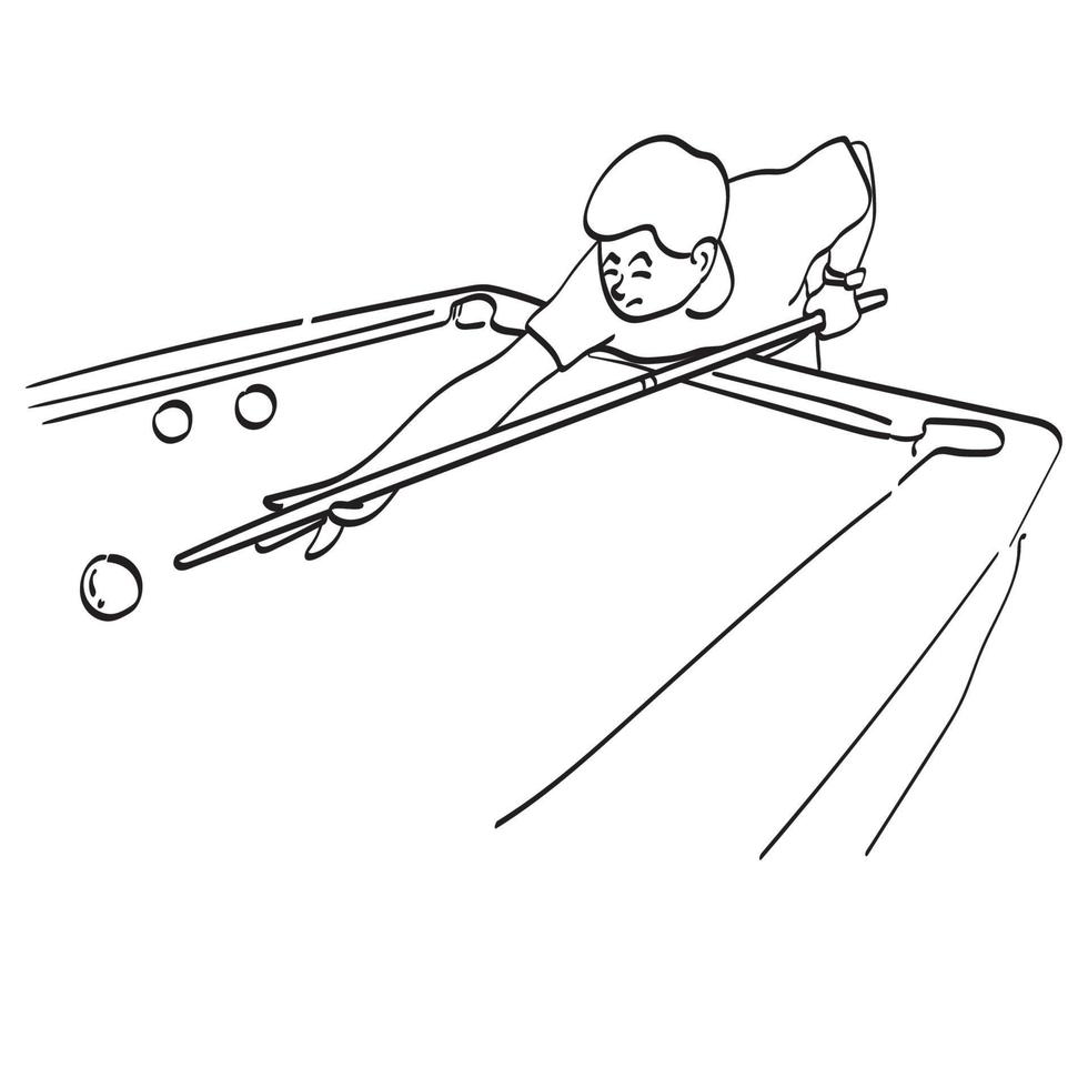 línea arte hombre jugando billar o snooker ilustración vector dibujado a mano aislado sobre fondo blanco