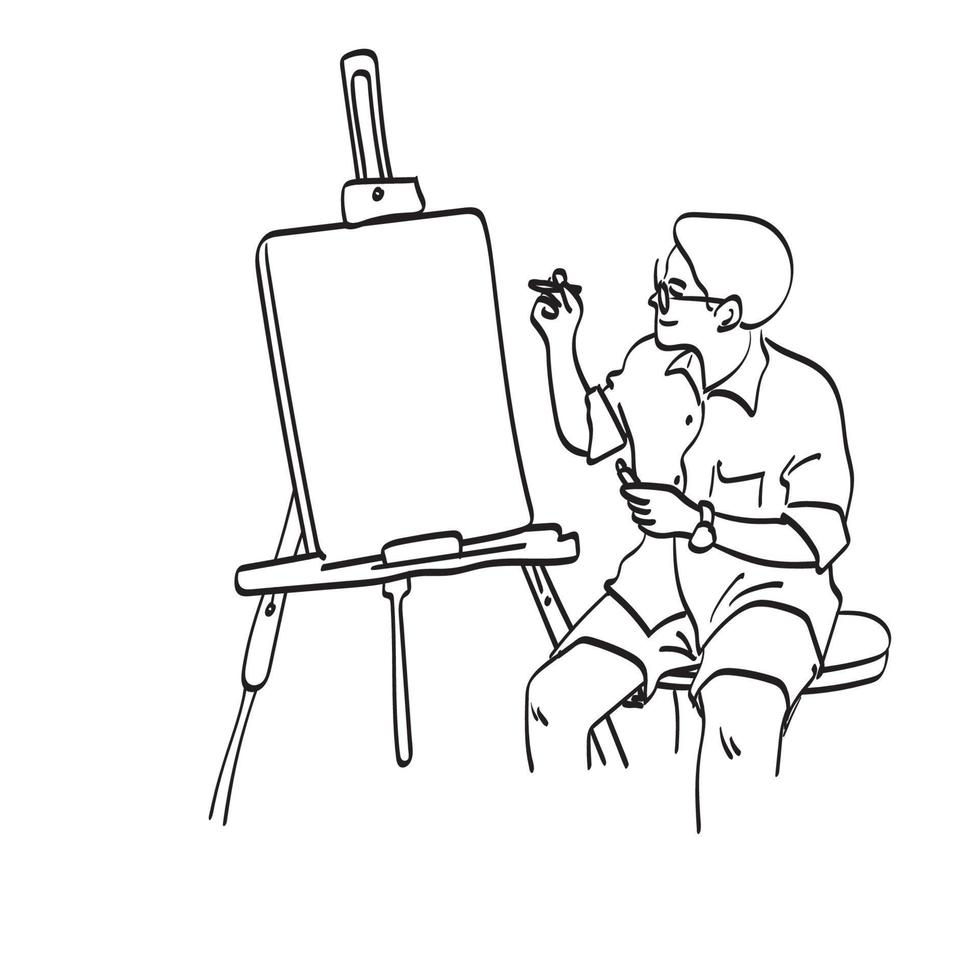 male artist drawing on blank canvas on tripod illustration vector hand