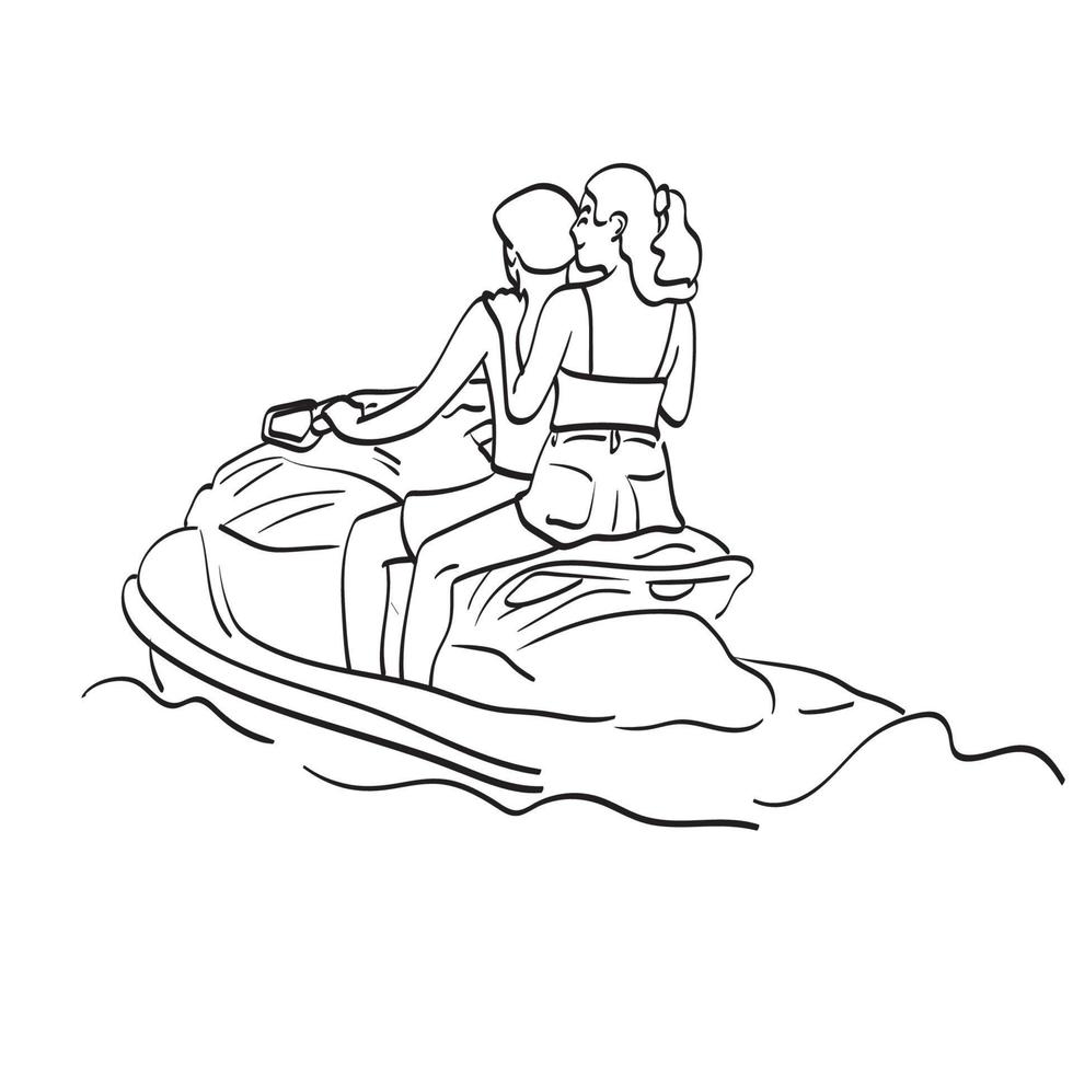 Couple driving jetski on vacation illustration vector hand drawn isolated on white background line art.