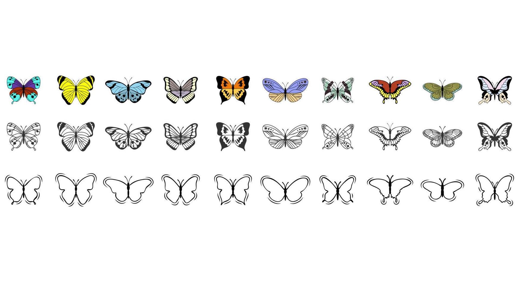 conjunto de ilustración de contorno de mariposa. vector