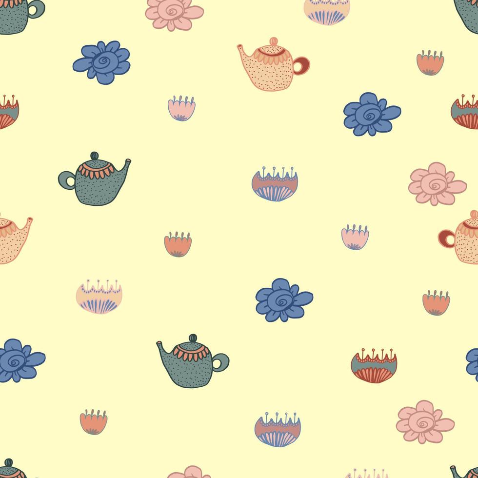tea seamless pattern with flowers and dots. Vector isolated multicolored cartoon illustration