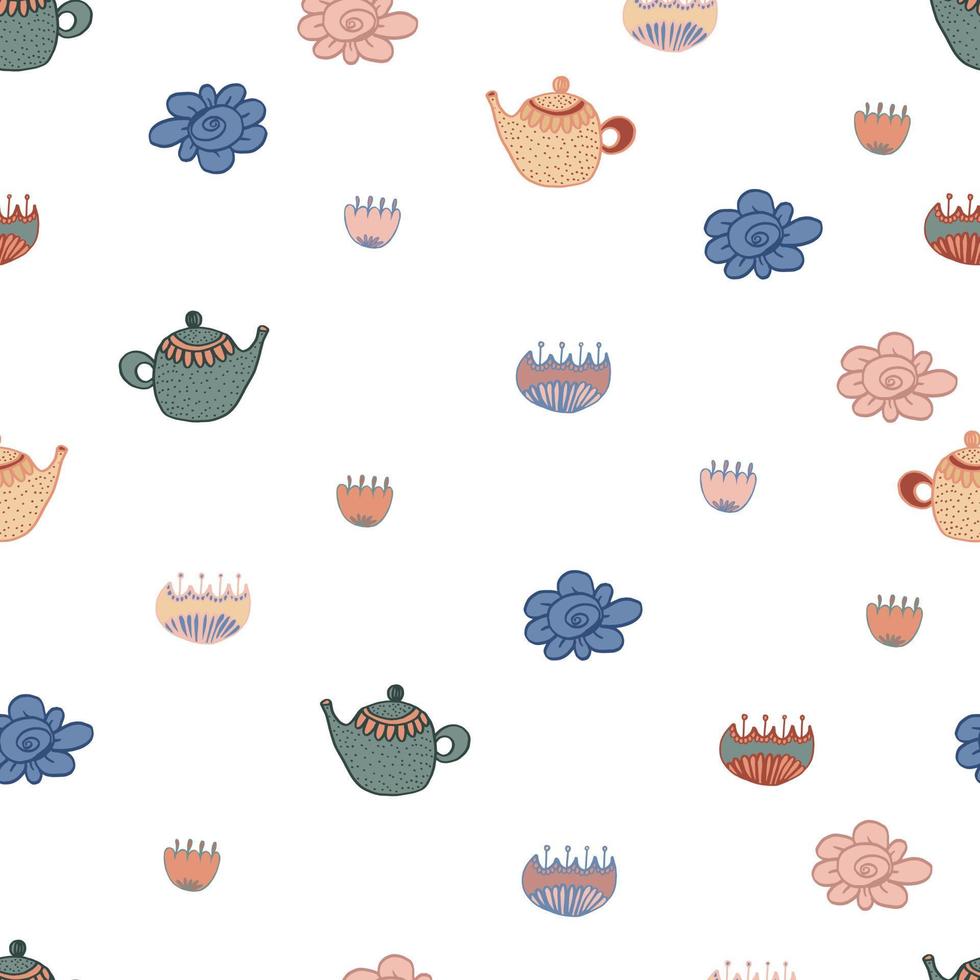 tea seamless pattern with flowers and dots. Vector isolated multicolored cartoon illustration