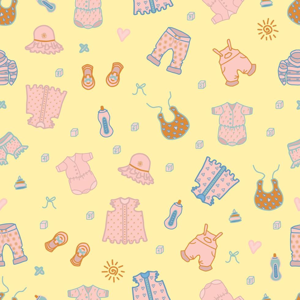 Baby related seamless pattern in pink colors. Vector isolated cartoon illustration