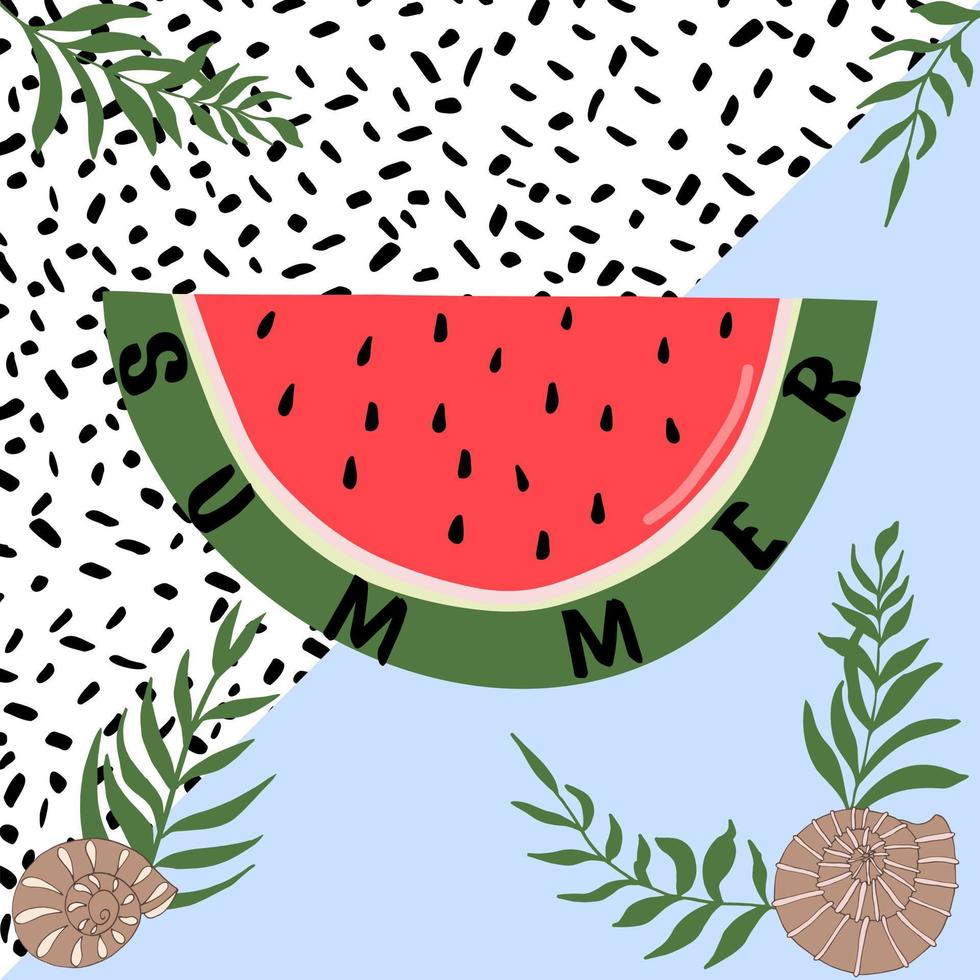 summer background with a piece of watermelon palm branches shell and abstract texture spots in the background vector