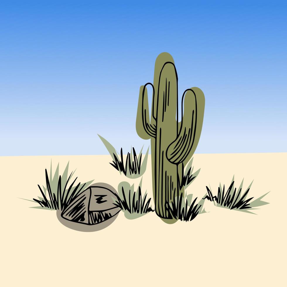 cactus with grass and stone in desert sands vector isolated