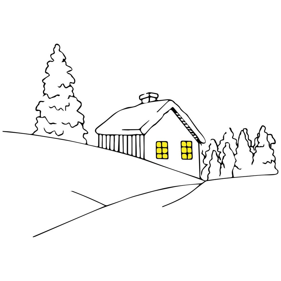 house in the forest with light in the windows isolated vector hand drawn sketch