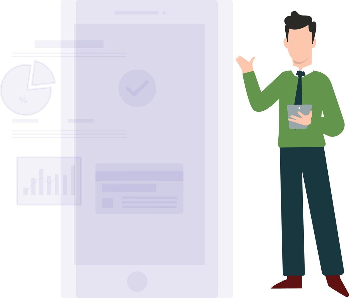 The boy stands with the chart graph. vector