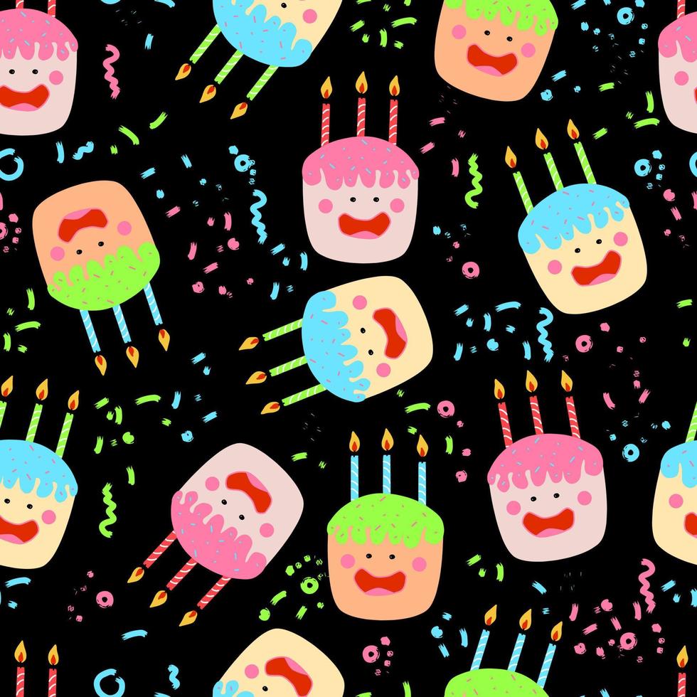 lindos pasteles kawaii con velas personajes extravagantes aislados con cara ojos mejillas y sonrisa vector patrón sin costuras con confeti