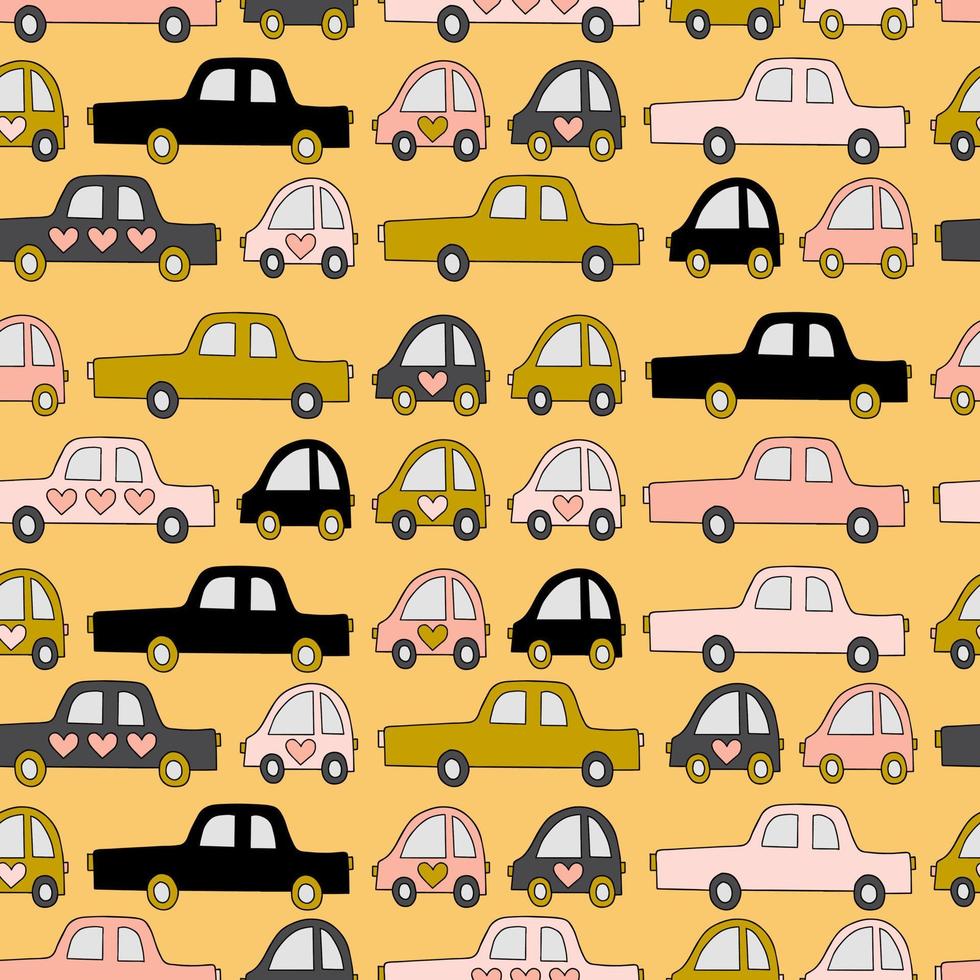 kids simple cute cars isolated quirky characters vector seamless pattern hand drawn illustration