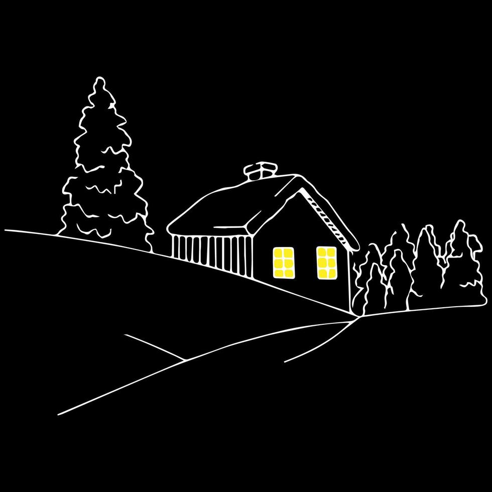 house in the forest with light in the windows isolated vector hand drawn sketch