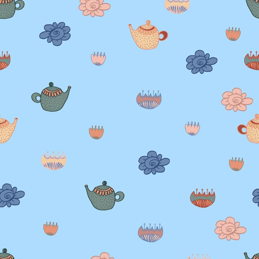 tea seamless pattern with flowers and dots. Vector isolated multicolored cartoon illustration