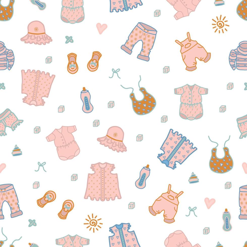 Baby related seamless pattern in pink colors. Vector isolated cartoon illustration