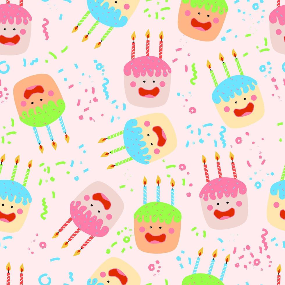 cute kawaii cakes with candles isolated quirky characters with face eyes cheeks and smile vector seamless pattern with confetti