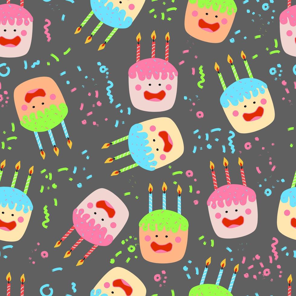 lindos pasteles kawaii con velas personajes extravagantes aislados con cara ojos mejillas y sonrisa vector patrón sin costuras con confeti