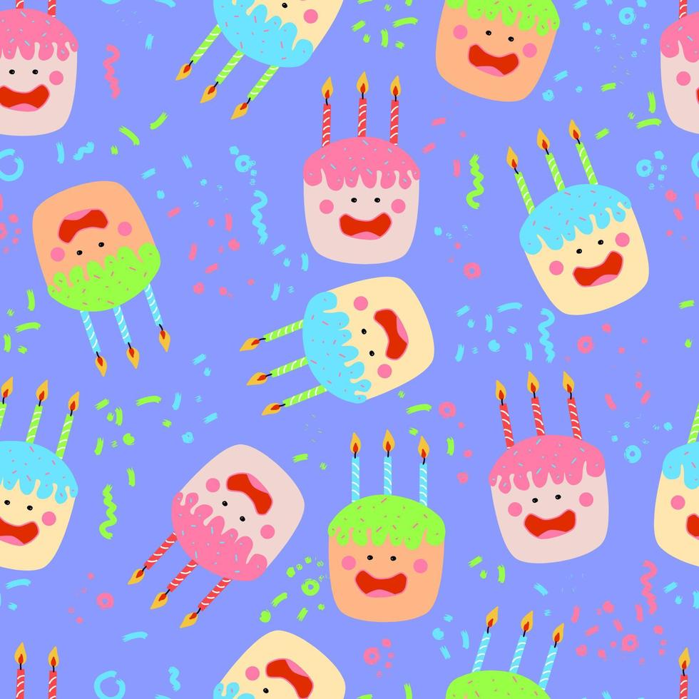 cute kawaii cakes with candles isolated quirky characters with face eyes cheeks and smile vector seamless pattern with confetti