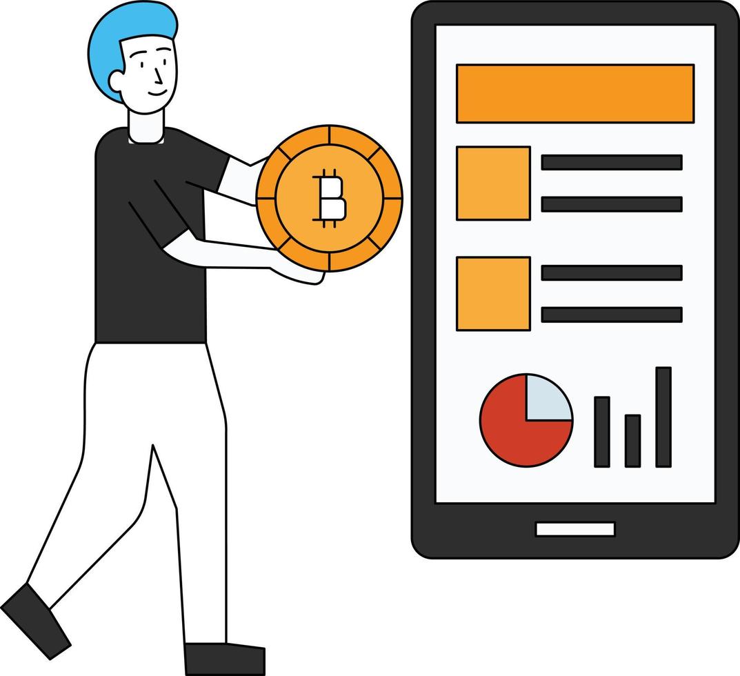 The boy is standing with a bitcoin. vector