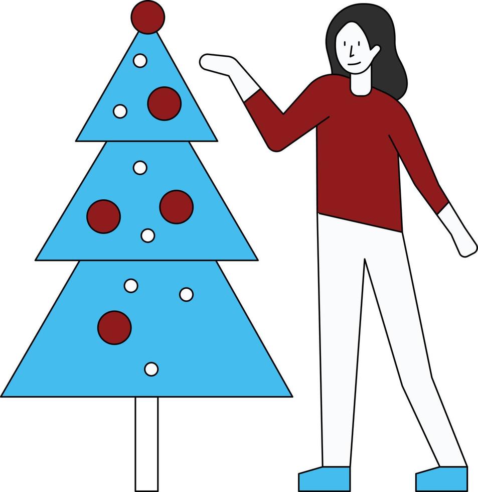 la niña está de pie con el árbol de navidad. vector