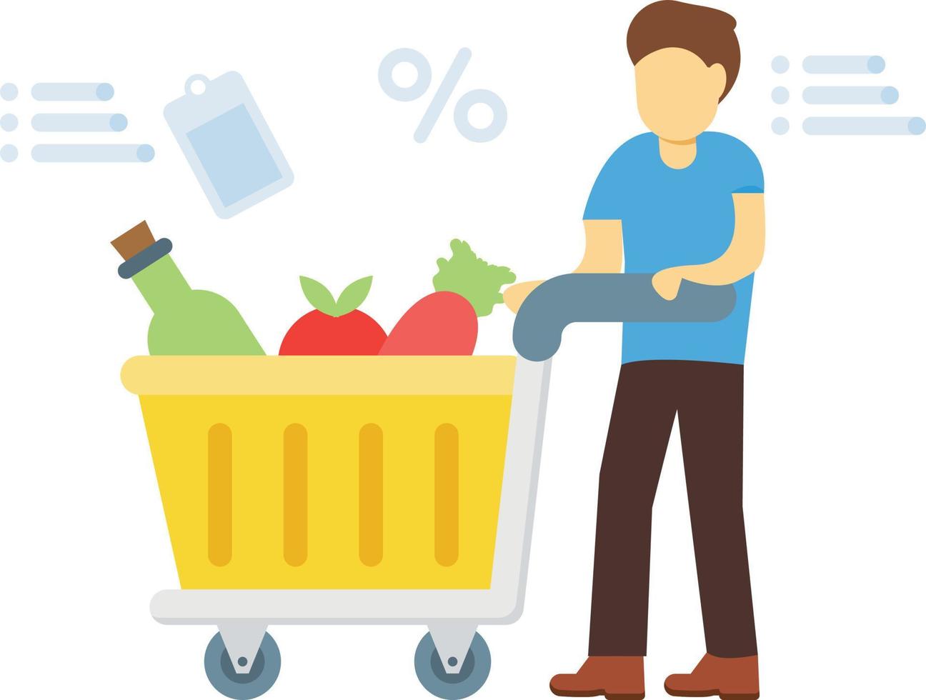 The boy is carrying a trolley of fruits and vegetables. vector