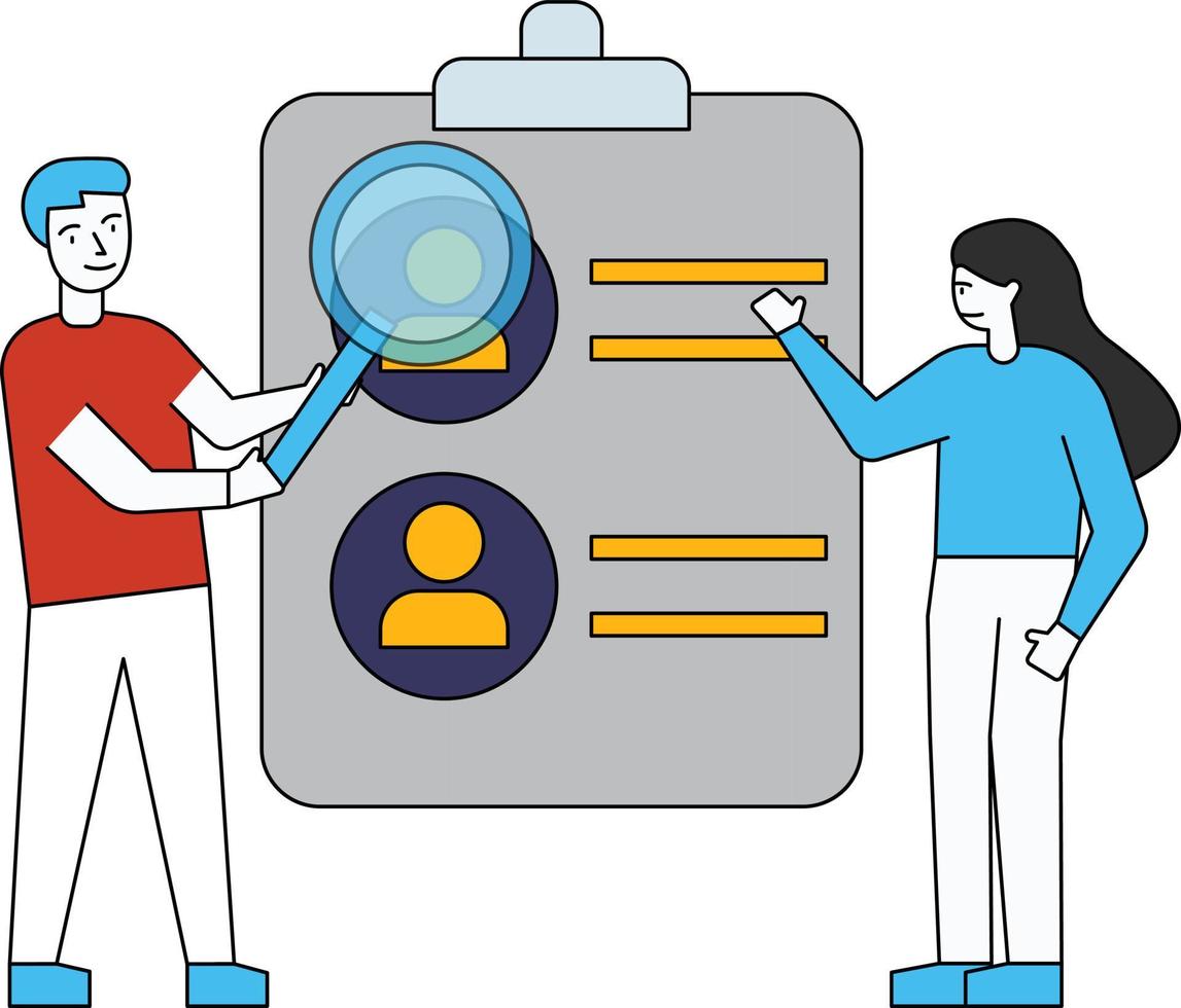 The boy and the girl are looking for a candidate with a magnifier. vector