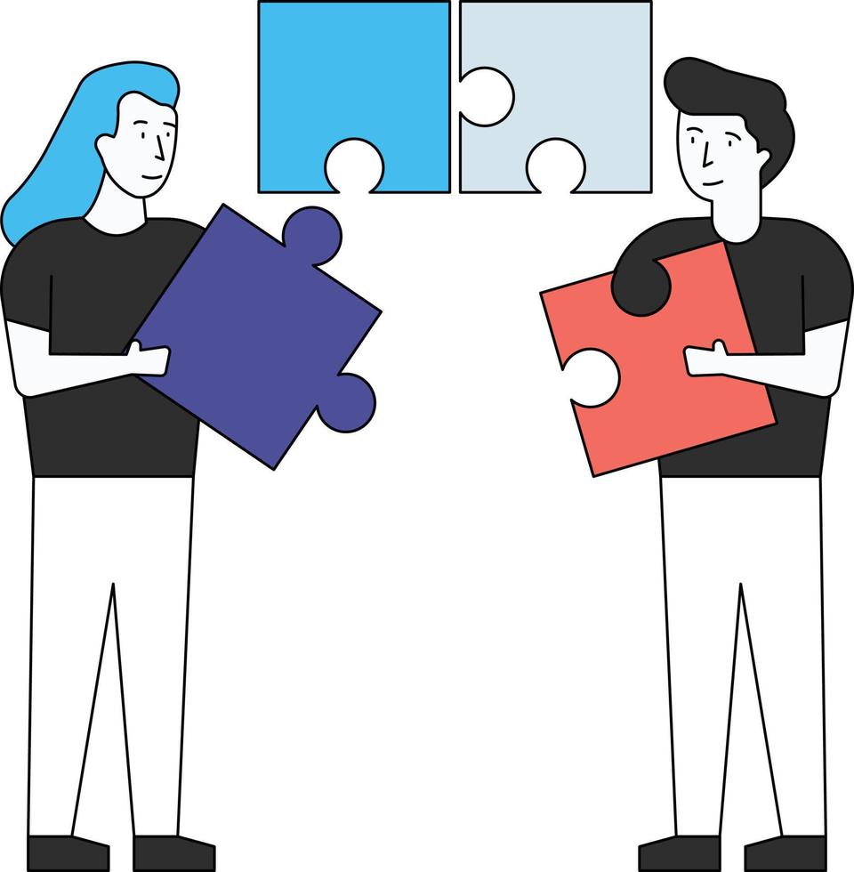 Boy and girl stand with a piece of the puzzle. vector