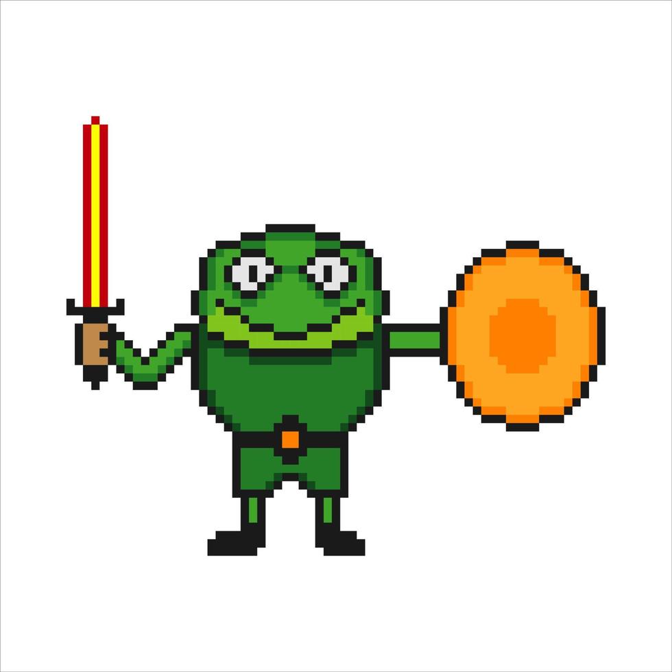 Frog warrior pixel art. Vector illustration.