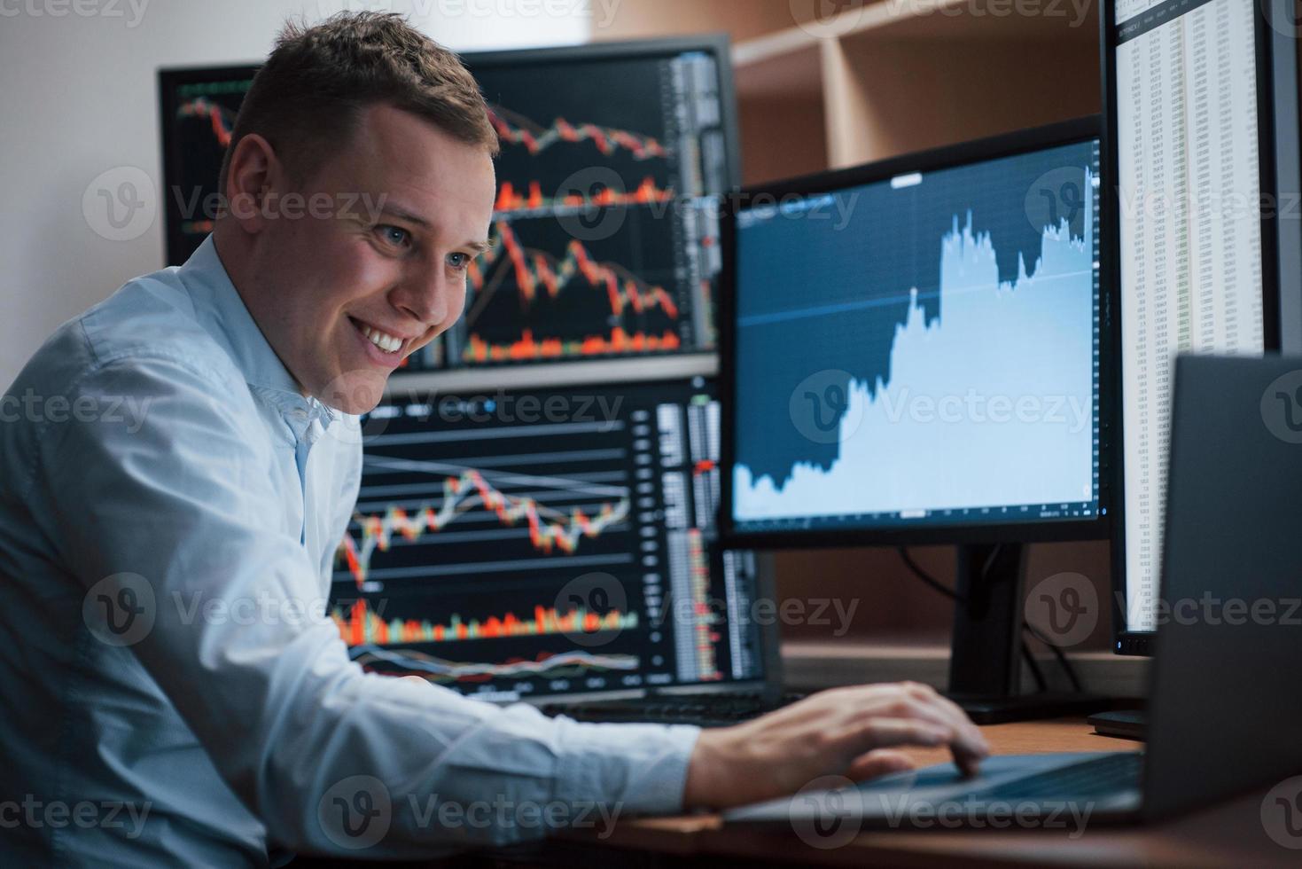 Thinks what to do next. Man working online in the office with multiple computer screens in index charts photo