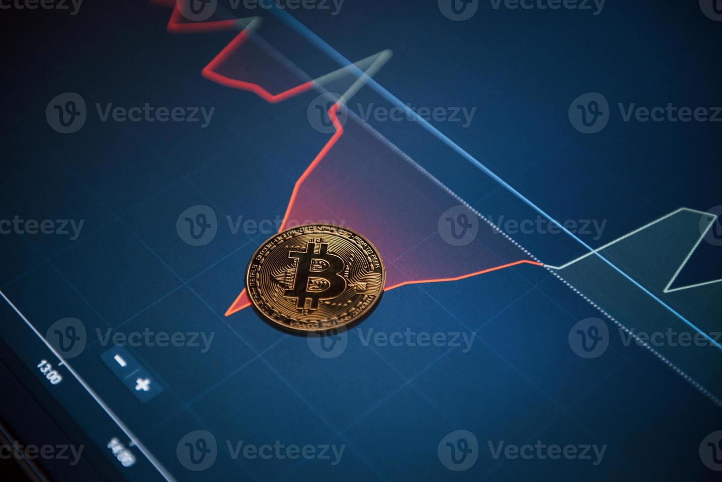 Conception of new era of currency. Picture of golden bitcoin lying on the display with graphs in office photo