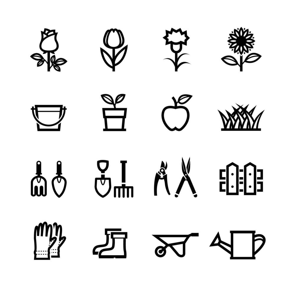 iconos de herramientas de jardinería y flores con fondo blanco vector