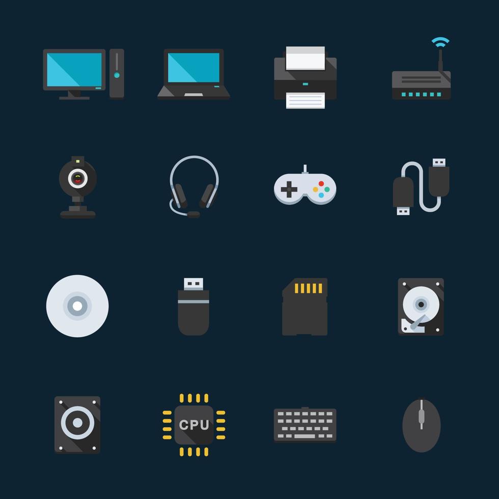 iconos de accesorios de computadora y computadora con fondo negro vector