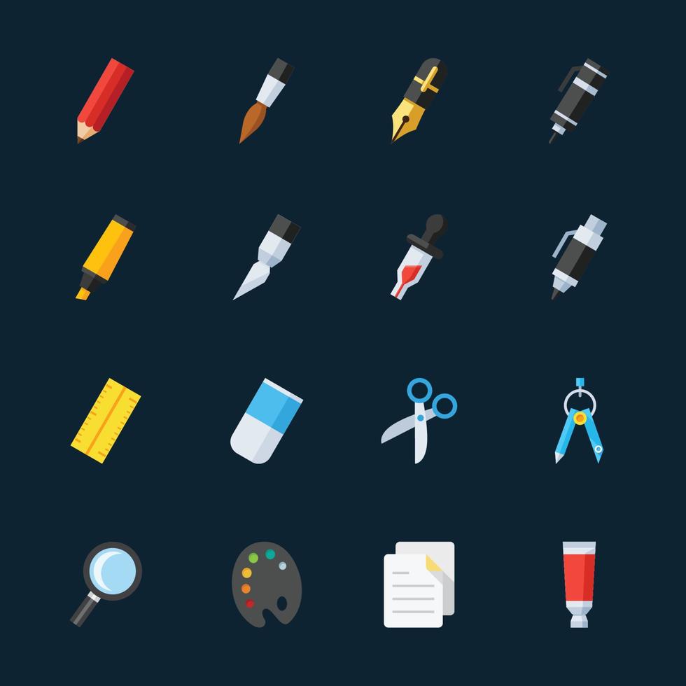 iconos de herramientas de papelería y pintura con fondo negro vector