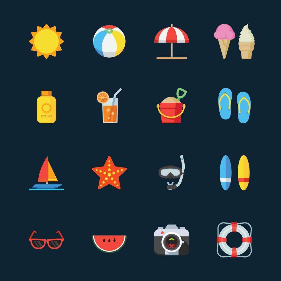 Summer and Beach Icons with Black Background vector