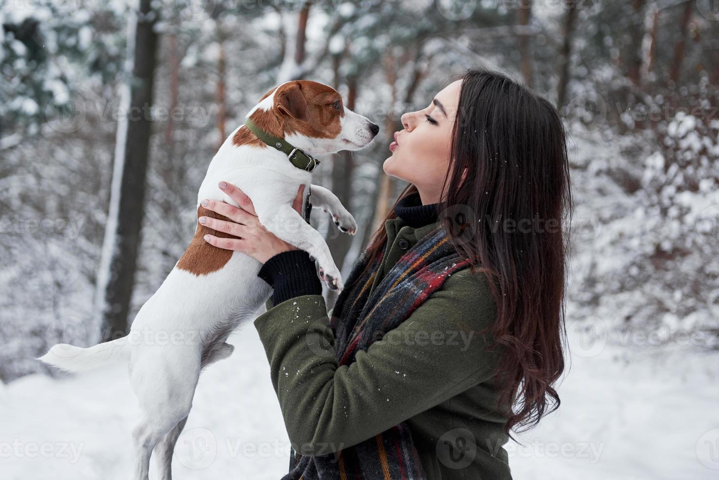 Giving a lovely kiss. Smiling brunette having fun while walking with her dog in the winter park photo