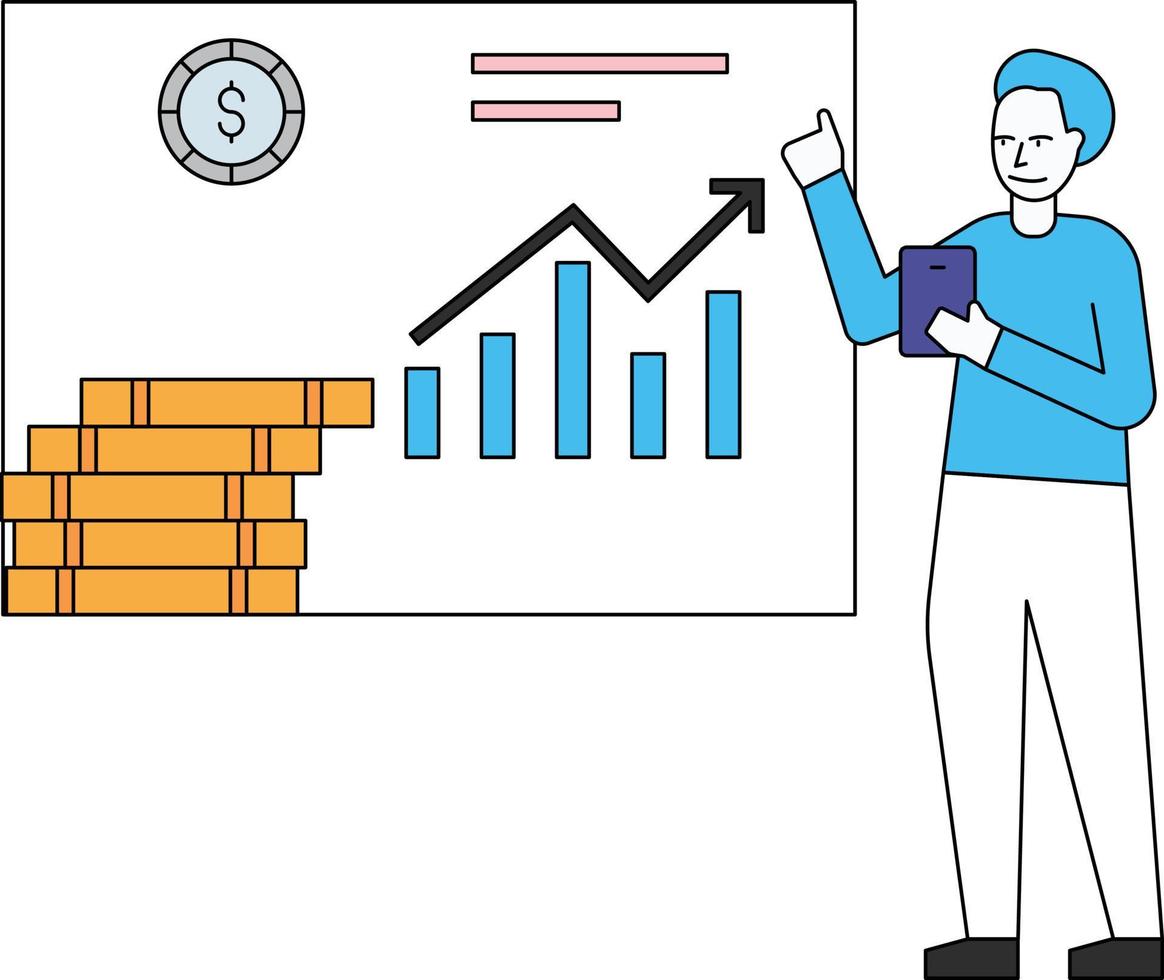The boy looks at the dollar graph. vector