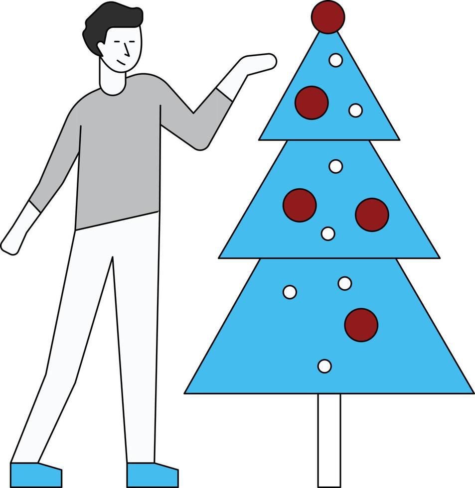 The boy is standing by the Christmas tree. vector