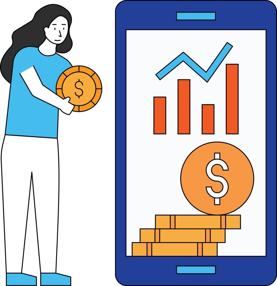 The girl is inserting a dollar coin in her mobile phone. vector