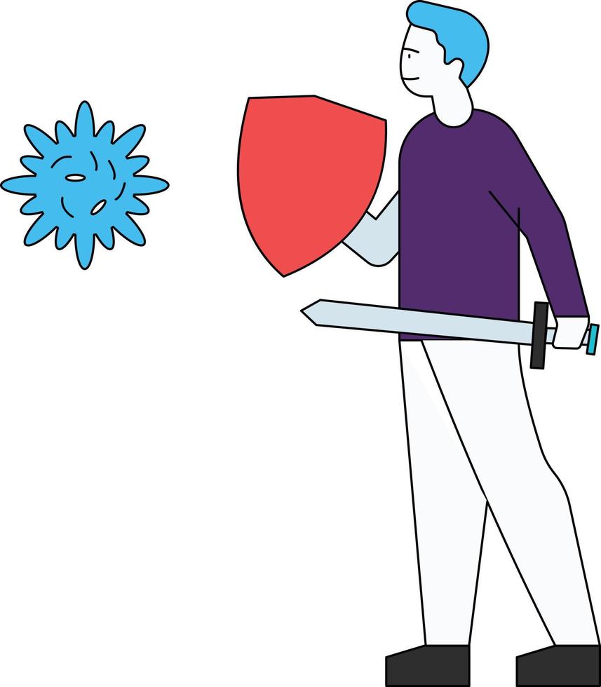 The boy is standing with a shield and sword. vector