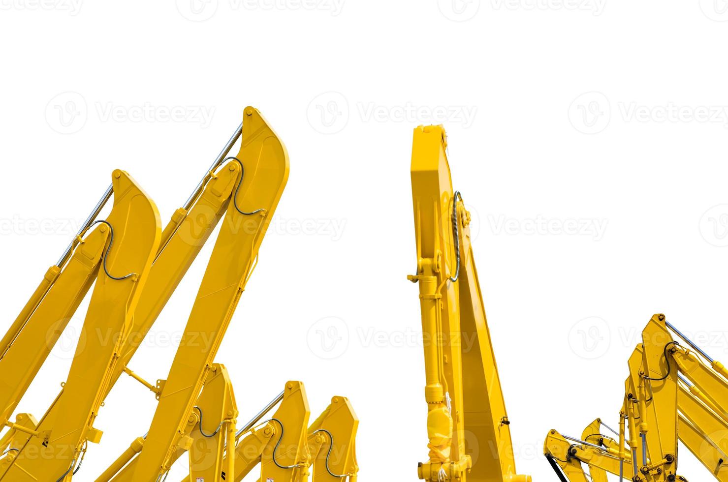 Yellow backhoe with hydraulic piston arm isolated on white. Heavy machine for excavation in construction site. Hydraulic machinery. Huge bulldozer. Heavy machine industry. Mechanical engineering. photo