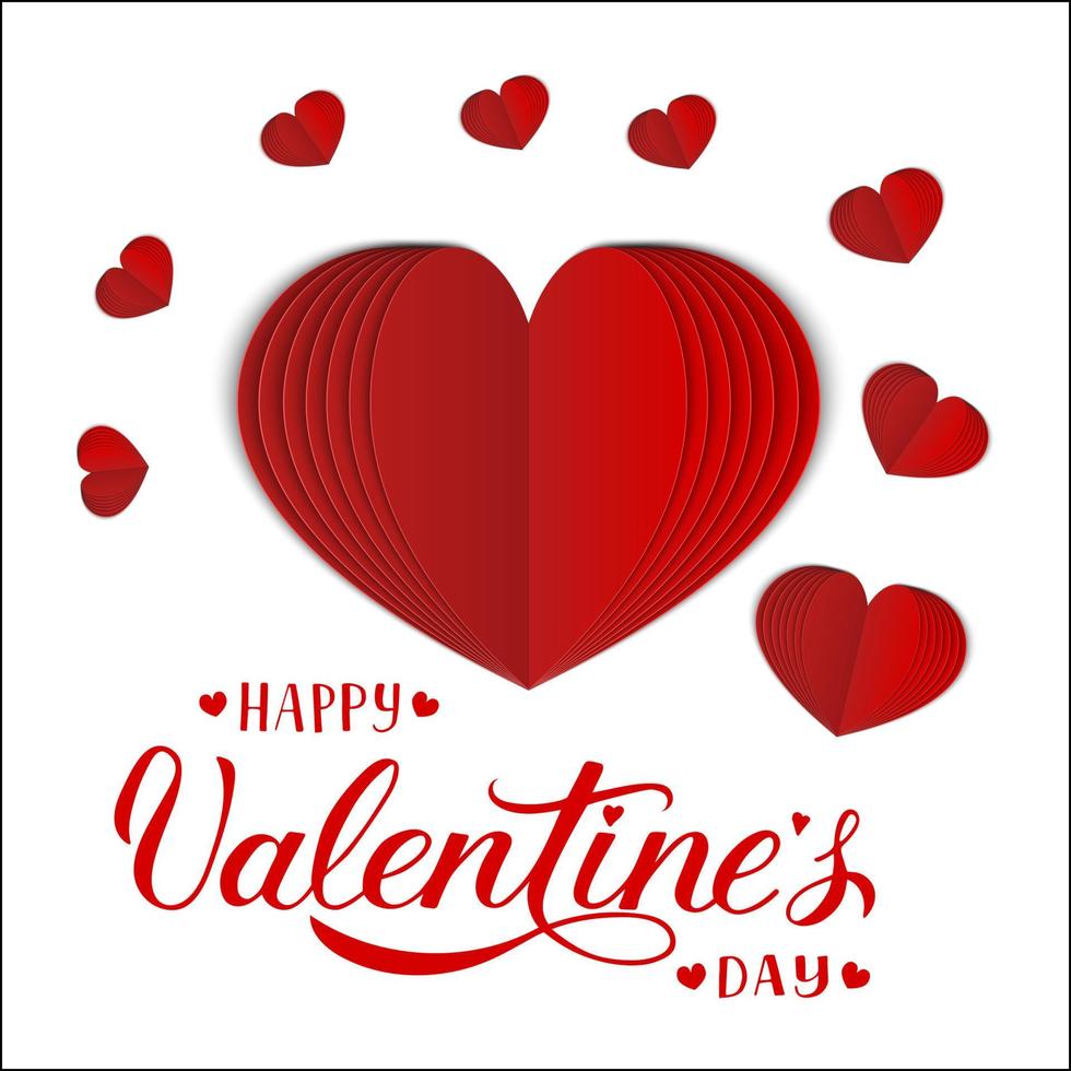 Valentine s day greeting card with calligraphy hand lettering and red paper heart. Realistic 3d folded heart. Symbol of love. Vector illustration. Easy to edit template for your design projects.