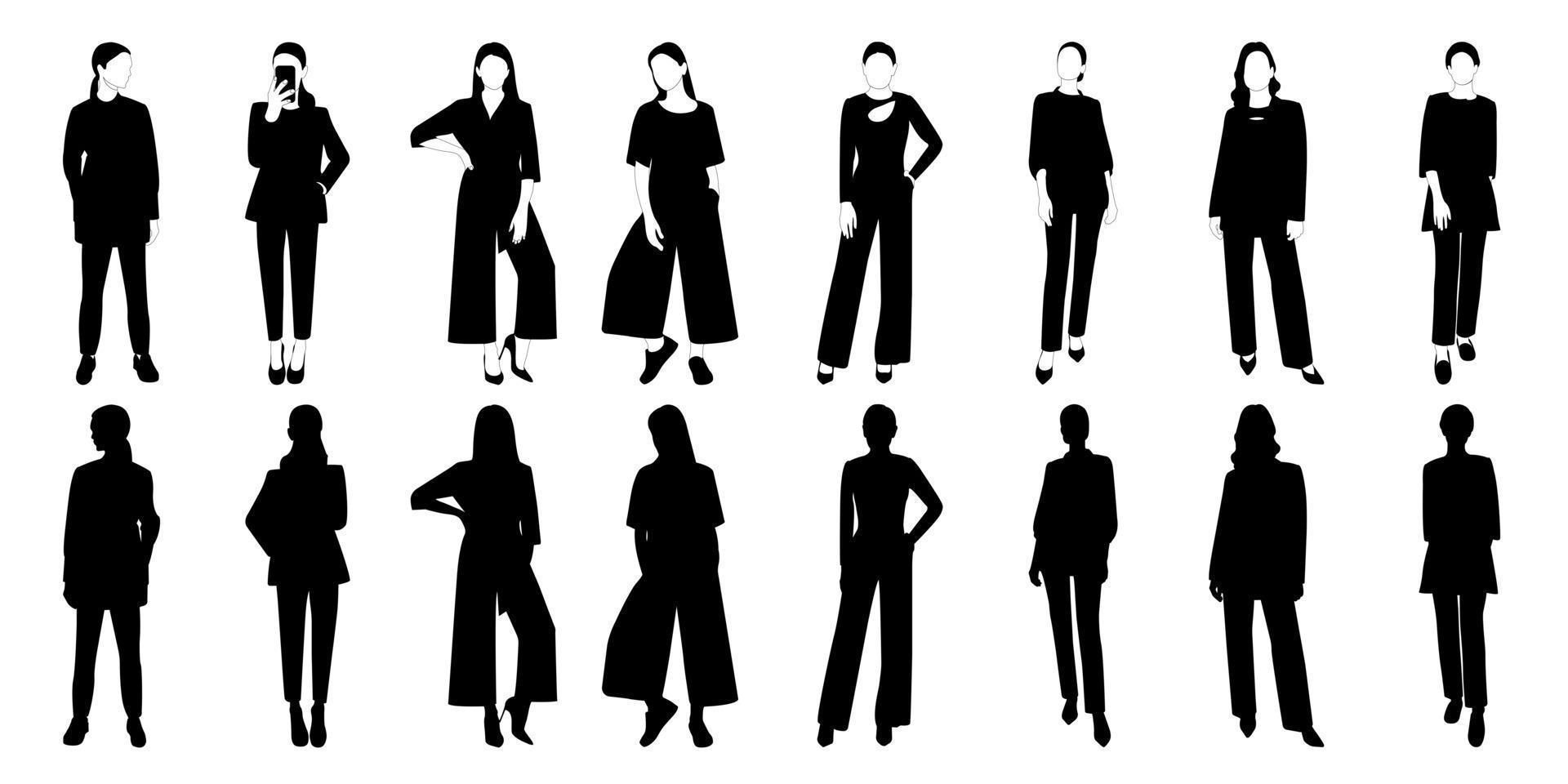 Set of vector silhouette of a slender girl, a woman in a fashionable suit standing. Adult model.