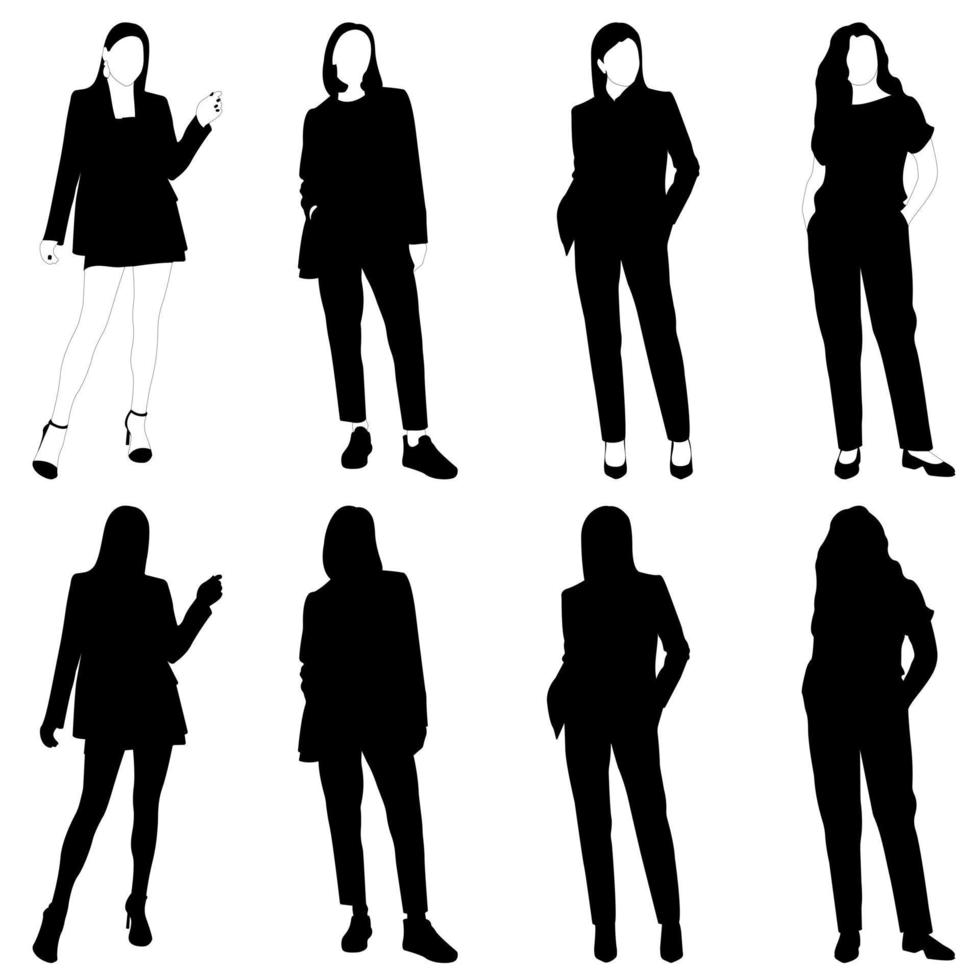 Set of vector silhouette of a slender girl, a woman in a fashionable suit standing. Adult model.